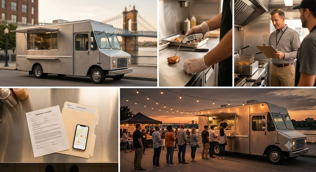 Food truck permit process in Kentucky and Ohio — truck operation near the Ohio River, health inspection, commissary paperwork, and serving customers at a Cincinnati riverfront market